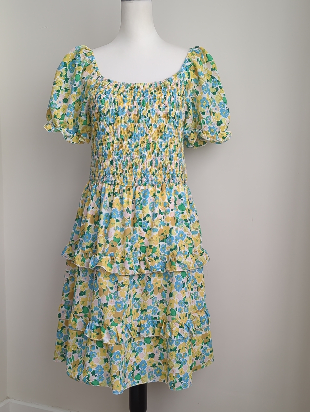 Kirundo Floral Smocked Dress With Tiered Skirt in Yellow, Green & Blue